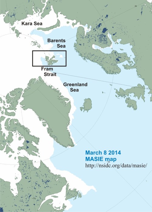 Barents Sea Svalbard MASIE 2014 March 8 labeled