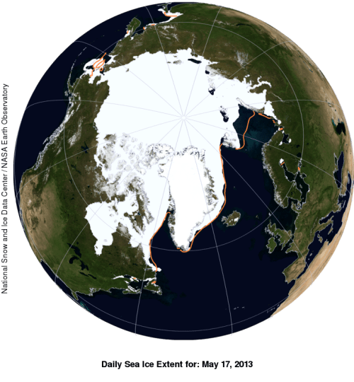 Sea ice extent for May 17, 2013 with anomaly (orange line is the average). Note the greater than average extent of ice in the Bering Sea, in the top left corner.