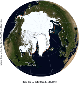 Fig. 1 National Snow and Ice Data Center (NSIDC) sea ice extent at Dec. 6 2012. The orange line is the median extent for this date for 1979-2000.