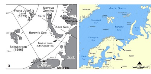 Figure 1. Location of Novaya Zemlya, in the Barents Sea. On the map at left (a), the black square marks the location of Behouden Huys, the over-winter home of William Barents and his crew (1596-97) on Novaya Zemlya (the “track of boats” noted marks the return journey of Barents in the summer of 1597). This is modified from Zeeberg et al. 2002:331. The map on the right is from Wikipedia, for perspective. click to enlarge.