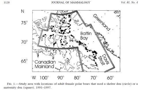 Figure 4. Study area in the Baffin Bay region reported by Ferguson et al. (2000). The region ranges from about 6o to 800 N latitude. The “winter’s night” would thus range from none (below the Arctic Circle, that is, below about 660 N) to two months or more (at 76 0 N and higher). 