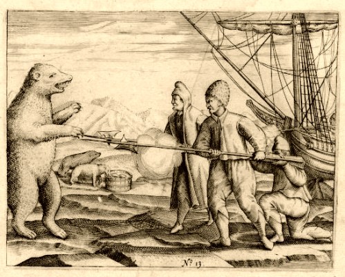 Figure 2. An engraving from De Veer’s journal conveys the struggle the crew faced in warding off polar bears during their winter stay at Novaya Zemlya. The bears not only stalked and attacked the crew - they got into the food stores on the ship (From Wikipedia).
