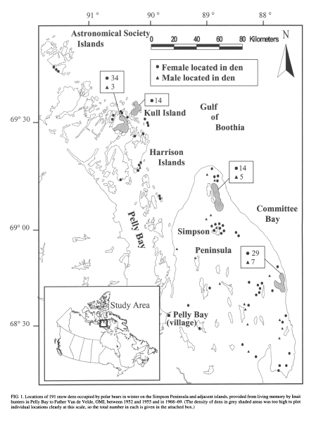 Figure 2. Study area around Pelly Bay, Nunavut, reported by Van de Velde et al. (2003). The region ranges from about 680N latitude to about 69 045’N. The “winter’s night” at this latitude is about one month long, from December through early January.