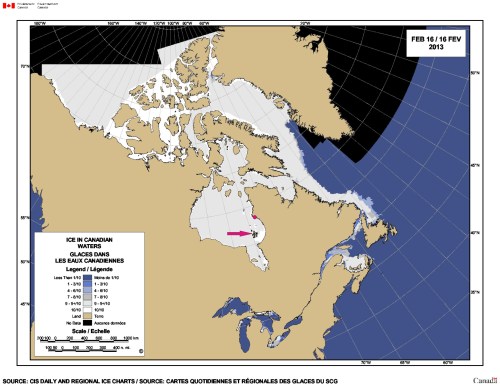 Figure 2. Location of Sanikiluaq, Quebec (arrow), one of two communities in the Belcher Islands. The location of Inukjuak, Quebec (the nearest village to the killer whales that were trapped in ice last month) is marked with a dot. See Fig. 3 below for a close-up map of the Belchers.
