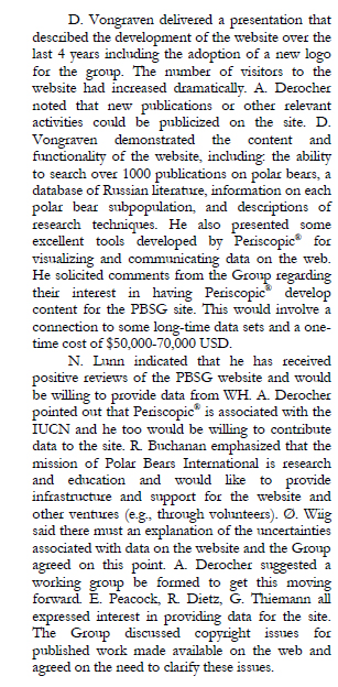 Figure 1. Notes from the 2009 PBSG meeting (Obbard et al. 2010:11) about their intention to hire Periscopic as part of on-going PBSG website developments.