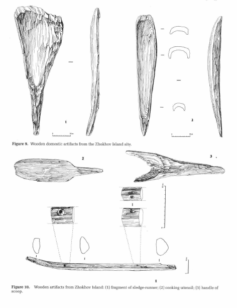 Figure 6. Drawings of some of the wooden implements, including scoops and sledge runners, from the Zhokov site (from Pitul’ko and Kaparov 1996:12, fig. 10). Wooden objects like these don’t normally survive 8,000 years in open sites like these – we have the permafrost to thank for their preservation.