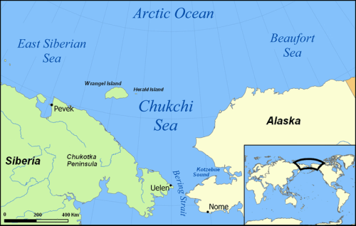 Figure 1. Chukchi Sea – getting you oriented. Note the location of Kotzebue Sound, northeast of the Bering Strait. Map from Wikipedia.