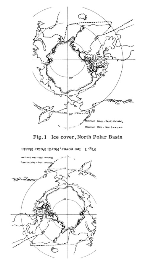Figure 1. The top image appears to be the average sea ice extent maximum and minimum for the years around 1972, provided in Lentfer 1972. The bottom image is the same one, turned around to better compare with modern sea ice maps.