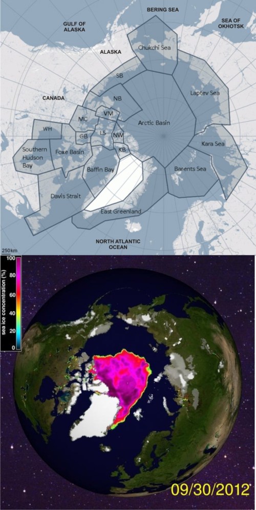 Figure 2. Polar bear distribution map (adapted from the one provided by the PBSG) compared to sea ice concentration at September 30, 2012 (at the seasonal minimum extent). Can you see the difference? If polar bears were bothered by this kind of seasonal “decline,” which slightly exceeded the low reached in 2007, the Arctic would have been littered both years with the bodies of polar bears. Do you remember reports of that in the news? Click to enlarge