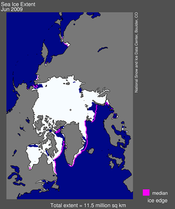 Figure 5. Sea ice extent at June 30, 2009 (NSIDC), the year that polar bears in western Hudson Bay had ice for hunting well into August (as late as in 1992), see previous post here. 