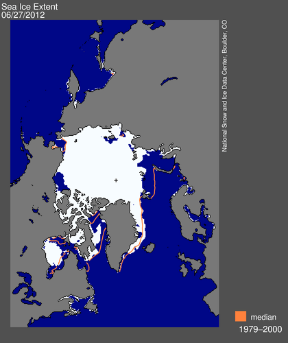 Figure 4. Sea ice extent at June 27, 2012 (NSIDC), showing the ice remaining in Hudson Bay and the Chukchi Sea (upper left).