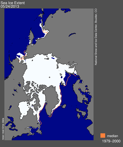 Figure 2. Sea ice extent at May 24, 2013 (NSIDC). Still far more ice than average in the Bering Sea (upper left) and less than average in the Barents Sea (lower right). See previous post here for maps from May 15.