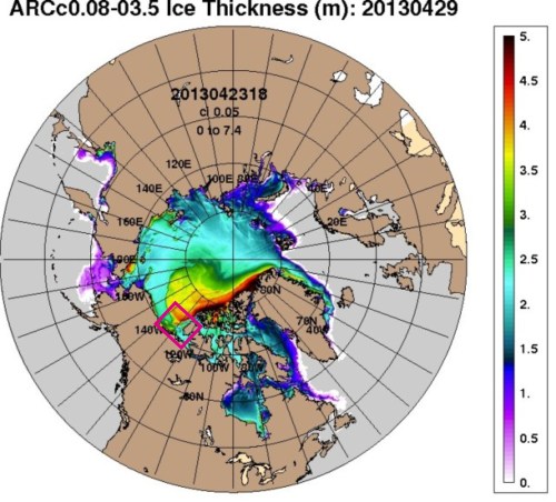 Figure 4. Ice thickness in the Arctic, as of April 27, 2013 (produced by the US Navy). Notice that some of the thickest ice (yellow and red, 3.5-4.5m thick) is curling towards the Eastern Beaufort/Yukon shoreline and western Banks Island (pink square). But see what happened in 2011 (Fig. 5).