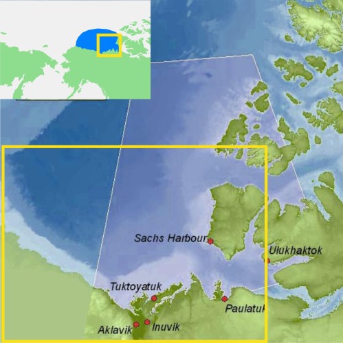Figure 1. Eastern portion of the southern Beaufort Sea. The communities of Tuktoyatuk (locally known as ‘Tuk’), and Sachs Harbour on southern Banks Island, have been useful starting points for polar bear research because they are accessible by plane via the larger community of Inuvik The light blue portions, e.g. along western Banks Island and the Eastern Beaufort/Yukon mainland coast, indicate shallow continental shelf areas (20 km wide in places) where extensive shorefast ice develops every winter. Main map from Beaufort Sea Partnership, inset map from Wikipedia.