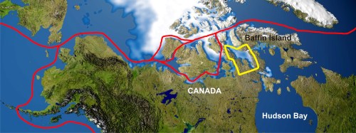 Figure 2. Another perspective shows the approximate location of the Gulf of Boothia (outlined in yellow) in relation to primary Northwest Passage routes, in what is presumably mid-to-late summer (showing areas where sea ice lingers some or all years). Modified from map provided by Wikipedia here.