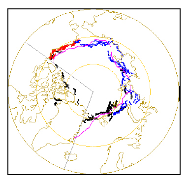 Figure 2. This is Fig. 6 from the Meier et al. 2013 paper. It shows the September 1964 Arctic sea ice edge pieced together from data from Nimbus I (black dots) and ice charts from Alaska (red dots) and Russia (blue). The pink line is the 1979-2000 median ice edge determined from NSIDC microwave data. The straight grey lines indicate the area they had to fill in, using data from the 1979-2000 Sea Ice Index average.