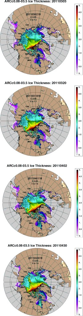  Figure 5. Ice thickness in the Arctic, as it progressed in the spring of 2011. Top to bottom: March 3, March 20, April 2, April 30 (2011). That bit of black you see in the tongue of multiyear ice (red and yellow) curling towards the shoreline of the Eastern Beaufort/Yukon (around “140W” on the maps) is ice that is 5 m  thick! (Note these maps have only been available since 2011, see the Navy NRLSSC archive here).