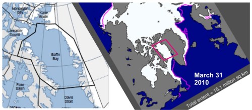 Figure 1. The Baffin Bay subpopulation region lies north of Davis Strait (map on the left from Vongraven and Peacock 2011: Fig. 3) and management is shared between Canada (Nunavut) and Greenland. In total area, it covers 1.08 million km2 and its “suitable ice habitat in spring” (according to Taylor and Lee 1995) is 413,500 km,2 somewhat less than Davis Strait. The map on the right shows the sea ice extent at the end of March 2010 (NSIDC), the winter maximum.