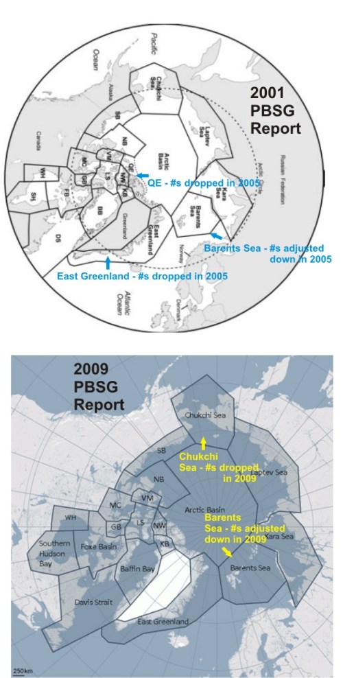 Polar bear subpopulations as defined by the PBSG: Top, in the 2001 report; Bottom, 2009 report. Map courtesy PBSG, with a few labels added and the subpopulations identified where “accounting” changes or adjustments to estimates took place.SB, Southern Beaufort; NB, Northern Beaufort; VM, Viscount Melville; MC, M’Clintock Channel; LS, Lancaster Sound; GB, Gulf of Boothia; NW, Norwegian Bay; KB, Kane Basin; WH, Western Hudson Bay. Click to enlarge.