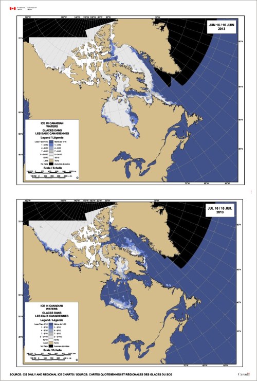 Figure 4. Breakup progression: Hudson Bay sea ice in summer 2013: June 16 2013 (top), July 16 2013 (bottom). Notice that the last of the ice at July 16 sits in the Southern Hudson Bay subpopulation, which means ‘breakup’ in SHB is not appreciably earlier than in WHB. 