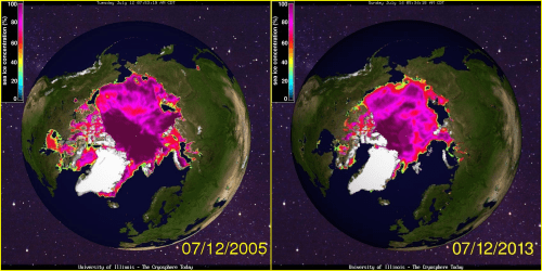 Figure 5. Sea ice concentration maps from Cryosphere Today to compare the sea ice extent and concentration values for 2013 on July 12 to 2005. Note that there was more ice in Baffin Bay in 2005 than in 1992 (Fig. 4); in 1992, there was more ice further south. Notice also how much more 100% ice (dark purple) was concentrated in the central Arctic in 2005 compared to 1992.