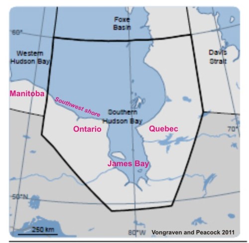 Figure 2. The polar bears of Southern Hudson Bay live between 600 and 520N. Covering 1.14 million km2 the Southern Hudson Bay region is more than twice the size of Western Hudson Bay. This is Fig. 18 from Vongraven and Peacock 2011, with labels added.