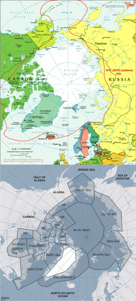 Figure 1. Boundary limits for “the Arctic” (top map) such as the Arctic Circle (dashed line) or the 100C isotherm for July (solid red line) would not include several polar bear subpopulations that live south of these.