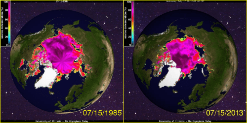Sea ice concentration July 15 1985 and 2013