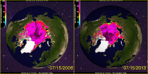 Sea ice conditions were as bad in 2006 (at July 15), above, as they were this year. And in 1985 they were almost as bad. But in 2008 (see below), they were much better. Cryosphere Today, University of Illinois.