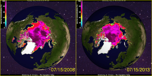 Sea ice concentration July 15 2008 and 2013