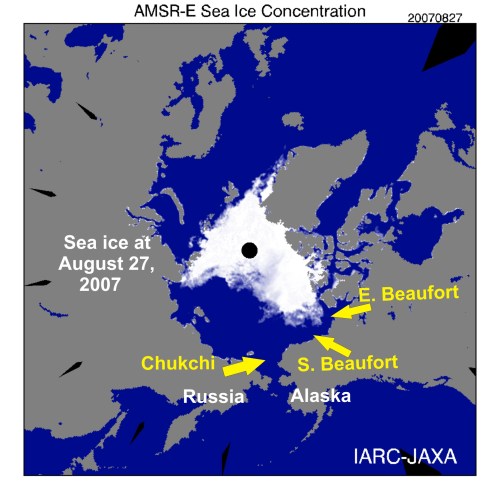 Figure 1. Sea ice extent at August 27, 2007 – the lowest extent that year (downloaded September 15, 2013 from IARC-JAXA, Arctic Sea-ice Monitor). At the time, it was the lowest extent recorded since 1979 (2012 broke that record). This (2007) was the fall before the Rode & Regehr study on Chukchi/Southern Beaufort polar bears began (2008-2011). The ice was almost as low in September 2008 and 2010, while 2009 was more like 2013.