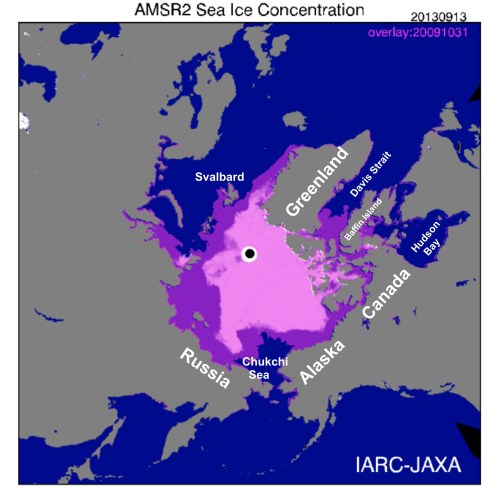 Figure 2. This JAXA plot uses the date the 2013 minimum was reached (September 13, 5.10 million square kilometers) which now looks pink because of the overlay (purple) for October 31, 2009. Note that by that date in 2009, virtually all regions of the Arctic where polar bears reside had ice available that could be used as a hunting platform. The exceptions were  western and southern Hudson Bay (where bears had to wait another 5 weeks before they could resume hunting), and Davis Strait and Chukchi bears (who had to wait another 2-3 weeks). Click to enlarge.