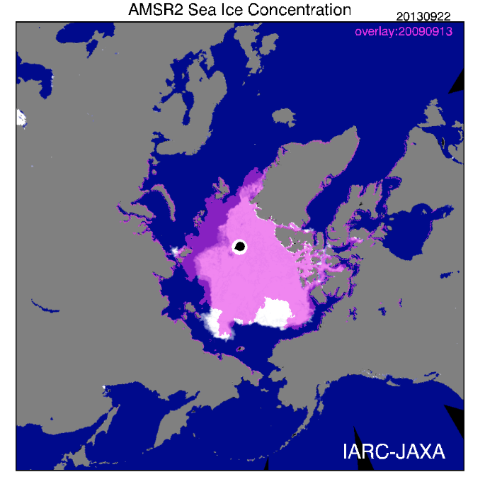 Figure 1. Using the JAXA “Sea ice monitor” feature, I plotted the date the 2013 minimum was reached (September 13, 5.10 million square kilometers, white) with an overlay (purple) for the same date back in 2009 (September 13, 2009, 5.13 million square kilometers), when that year’s minimum was reached (according to the NSIDC report). Areas of overlap are pink.