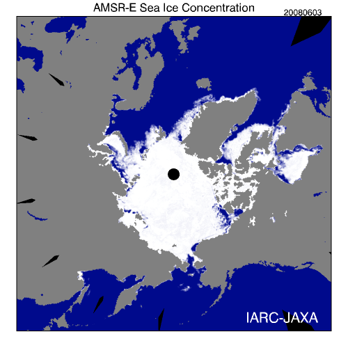 Figure 2. Sea ice extent at the beginning of summer 2008 (June 3: downloaded Sept. 14, 2013 from IARC-JAXA, Arctic Sea-ice Monitor), when the sea ice started to break up in the western Arctic.