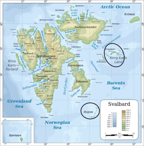 Figure 2. Map showing the location of the two islands (Kongsgoyan and Hopen) where research on polar bear maternity den use vs. sea ice cover in fall (October 1-December 31) has been reported by Aars and Andersen, map from Wikipedia. Click to enlarge.