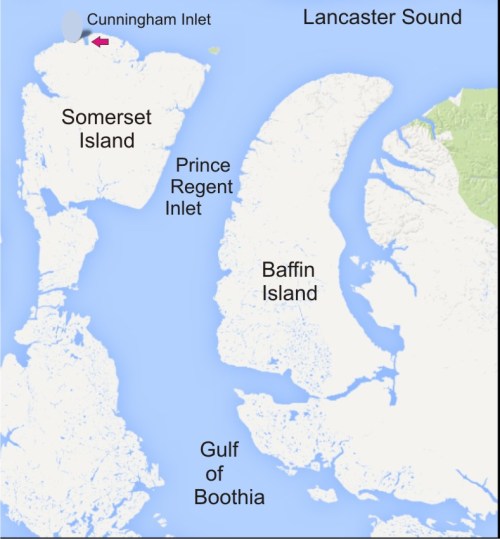Figure 1. Map showing the location of Cunningham Inlet, where the Arctic Watch footage was filmed, in relation to Gulf of Boothia.  
