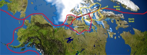 Figure 2. The main Northwest Passage route starts at Lancaster Sound and runs east through Parry Channel because these waterways routinely clear of ice in late summer. The approximate boundary of the Lancaster Sound polar bear subpopulation (area ~490,000 km2) is marked in yellow; POW is Prince of Wales Island. Map from Wikipedia, labels added.