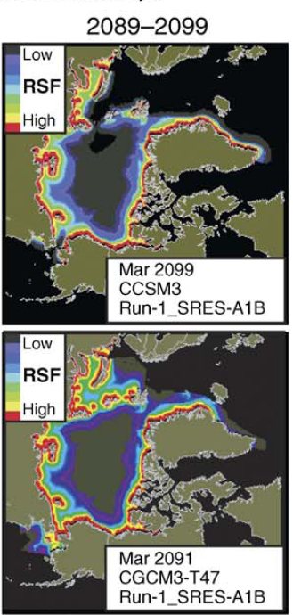 Fig. 2 Excerpt of winter ice projections from Durner et al. 2009 (Figure 8c), showing an ice-free Bering Sea in 2099 and a more typical projection for that decade below (for 2091, showing ice south of the Bering Strait).