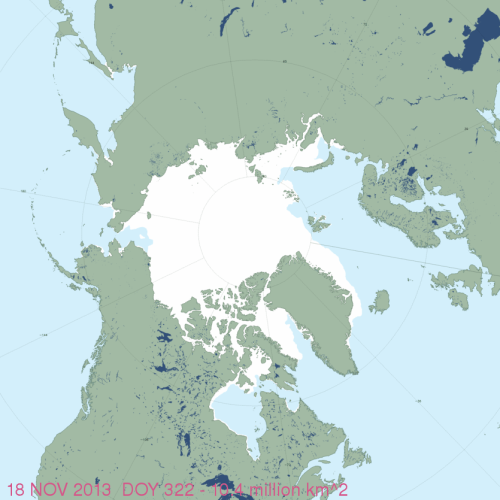 Figure 1. MASIE sea ice extent for November 18, 2013 (using US National Ice Center data). You have to look closely but there is indeed ice forming around Svalbard (just above the tip of Greenland) and in James Bay (southern Hudson Bay). Click to enlarge. High resolution map here.