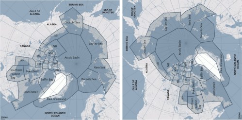 Figure 1. Polar bear subpopulations defined by the IUCN Polar Bear Specialist Group (PBSG), with a few extra labels added. I’ve rotated the original map 90 degrees (right) to make it easier to relate to the ice maps below. WH is Western Hudson Bay. Courtesy PBSG. Click to enlarge.