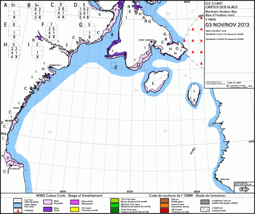 Figure 1. Ice development in northern Hudson Bay, from the Canadian Ice Service. Definitions: Grey Ice, young ice 10-15 cm thick; Grey-White Ice, young ice 15-30 cm thick. See the animated map of ice development over the last 10 days (from November 4) here.  Click to enlarge.