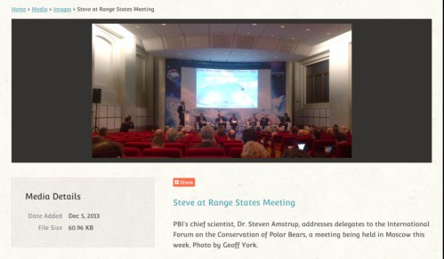 Screencap of the photo details posted on the Polar Bears International website Dec. 5 2013, taken by WWF representative Geoff York, who should not been attending this portion of the meeting.
