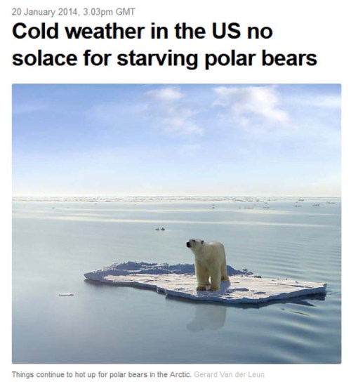 Figure 1. The headline photo from Steven Amstrup’s article at The Conversation. This infamous “Ursus bogus” image (for sale at IStock photos, listed under “Global warming images”), says “This image is a photoshop design. Polarbear, ice floe, ocean and sky are real, they were just not together in the way they are now.”  