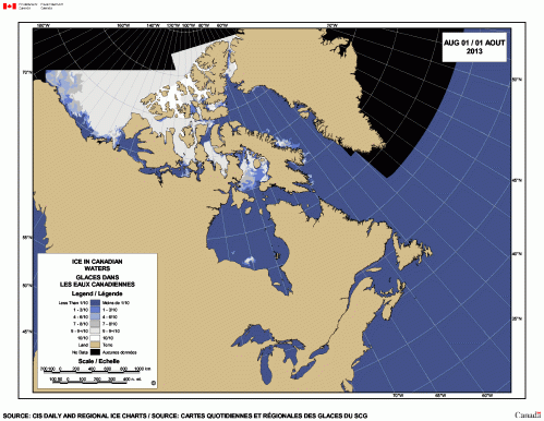Figure 3. Sea ice extent and concentration in the Canadian Arctic at 1 August, 2013. Canadian Ice Service map.