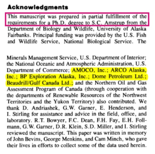 Amstrup and Durner 1995. Oil funding acknowledgement and link to Amstrup Ph.D. research