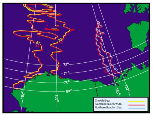 Figure 2. From the paper by Amstrup and colleagues (2005: Fig. 7) showing the restricted region in the central Southern Beaufort (135 to 153 degrees W) where any bear captured can be assumed with confidence to be a Southern Beaufort bear.