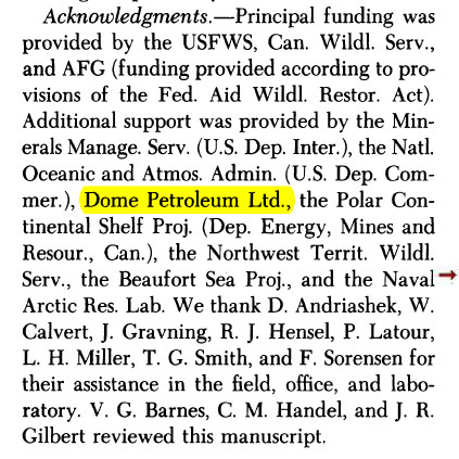 Amstrup, Stirling and Lentifer 1986. Oil funding acknowledgement