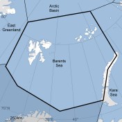 Figure 1. The Barents Sea polar bear subpopulation, courtesy the IUCN Polar Bear Specialist Group. "Svalbard" is the largest archipelago, in the eastern portion.