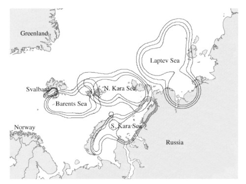 Figure 3. This is Fig. 6 from Maurizen et al. (2002:85), which shows as part of their results, the overlap in the ranges of radio-collared females from 1988-1999, between Svalbard (Norway) and Franz Josef Land in the North Kara Sea (Russia).