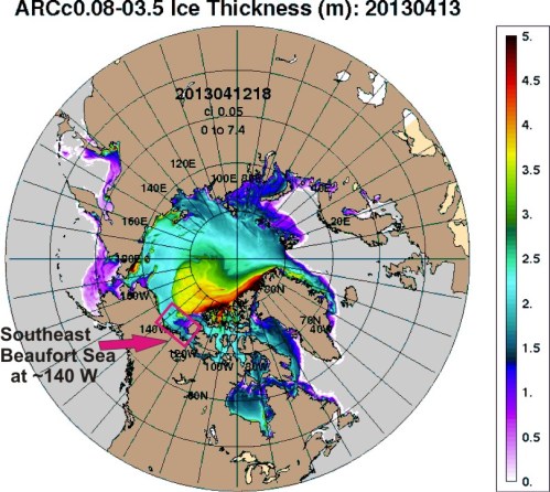 Figure 2. Arctic Sea Ice Thickness (NRL), for April 13, 2013. Southeastern Beaufort marked.